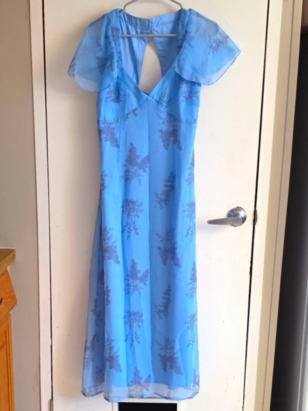 RIHOAS Women's Blue Floral Chiffon V-Neck Flutter Sleeve Midi Dress